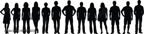 Diverse People Standing Silhouettes Collection Men Women Crowd Figures Isolated Black Vector Illustration Set