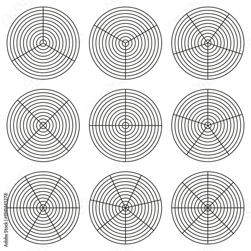 Radial grid pattern. Concentric circle shape. Scientific chart Vector. Geometric element set.