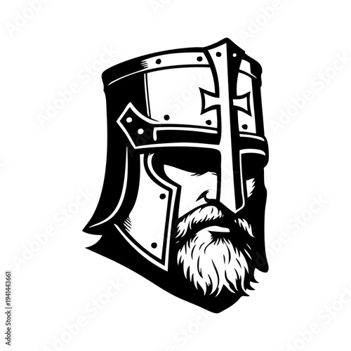 Logo guerrero cruzado medieval. Icono con caballero cristiano con casco con cruz