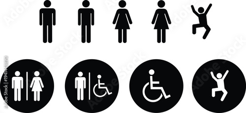 Public Restroom Icons Set Male Female Disabled Wheelchair Accessibility Symbols and Jumping Person Pictogram