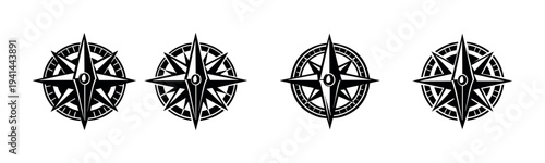 Black and white compass rose silhouette set with nautical elements vector illustration
