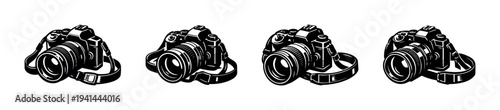 Vector illustration of digital cameras in black and white silhouette style