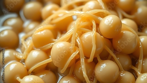 natto. Extreme close-up of fermented soybeans with glossy, stringy mucus coating. menu design, packaging mockups, designed for culinary blogs and recipe cards for restaurants.