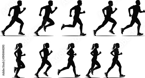 Running Man and Woman Silhouettes Jogging Athletes Motion Sequence Fitness Sport Vector Illustration Set