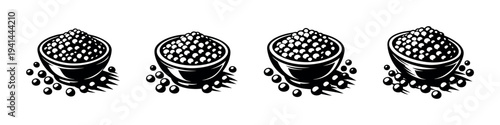 Black and white vector illustration of bowls with berries silhouette