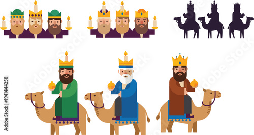Three Wise Men on Camels Nativity Christmas Epiphany Biblical Kings Vector Illustration Set
