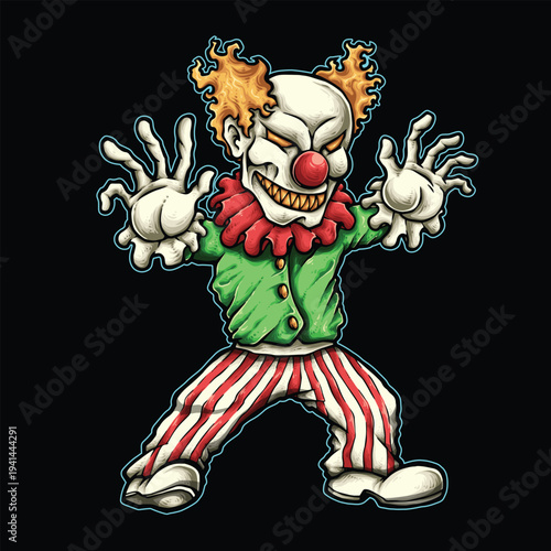 Scary clown with spiky hair and striped pants