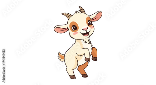 Cute happy baby goat jumping cartoon character on white
