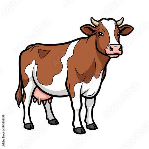 Brown and white dairy cow standing isolated on white background
