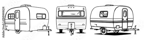 Camper trailer set with black line art and classic retro aesthetic featuring simple silhouette, retro colors, vintage style with white background and line vector