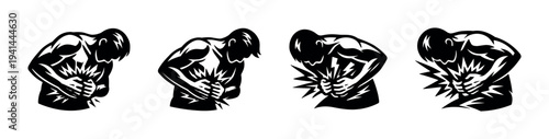 Silhouette illustration of person holding stomach depicting pain in black and white style