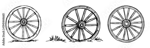 Rustic wooden wagon wheel set with black line art design featuring vintage, antique, traditional with country and western style