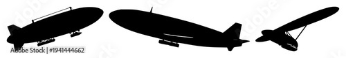 Dirigible set with black line art silhouette on white background featuring classic, stylized, aviation with antique travel and flight