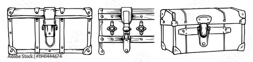 Trunk latch set with black line art design against white background featuring antique, vintage, travel, classic, mechanical latch with wooden trunk and lock