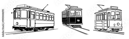 Classic trolley car set with black line art drawing featuring streetcar, tram, transportation with vintage style and urban design