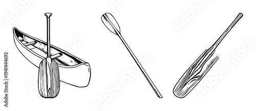 Canoe Paddle set with black line art and vintage design featuring wooden texture, boating equipment, water sports with marine gear and recreational activity