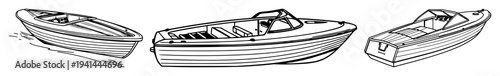 Speedboat set with classic wood-hull silhouette in black line art featuring maritime, nautical, watercraft with boat and speed