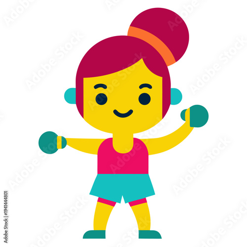 A cartoon girl with pink hair wearing a retro pink and teal aerobics outfit exercises while holding green dumbbells against a white background.