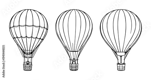 Vintage hot air balloon set with black line art and white background featuring hot air balloon, vintage, line art with illustration and vector