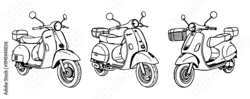Retro motor scooter set with black line art design featuring Vespa style, metal frame, simple wheels with minimalist background and white space