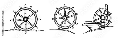 Steamboat paddle wheel set with black line art and pristine white background featuring steam engine, mechanical detail, nautical illustration with vector graphics and design