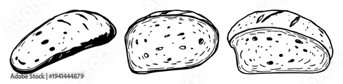Sourdough bread set with single rustic slice and delicate black line art design featuring food, bakery, carbs with baked goods and gourmet