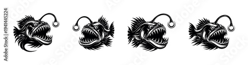 Set of four black and white anglerfish illustrations in silhouette style