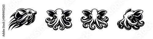 Stylized octopus and squid vector set in black and white silhouette design