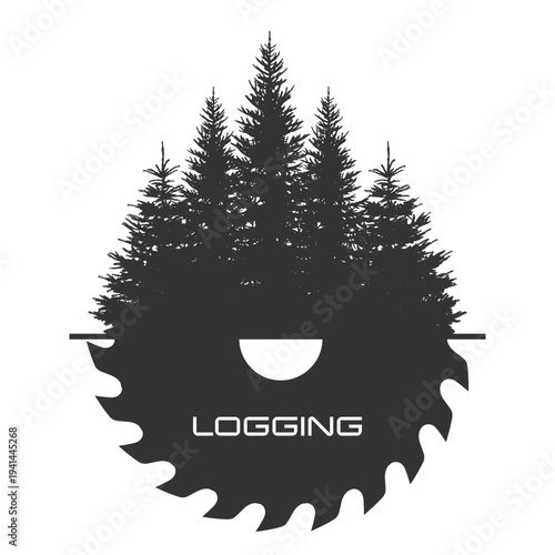 A logging advertising poster featuring a circular saw blade against a pine forest background. A sketch for use in creative projects.
