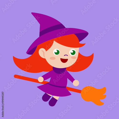 A red haired chibi witch in a purple dress and hat flies on a red broomstick across a solid lavender background.