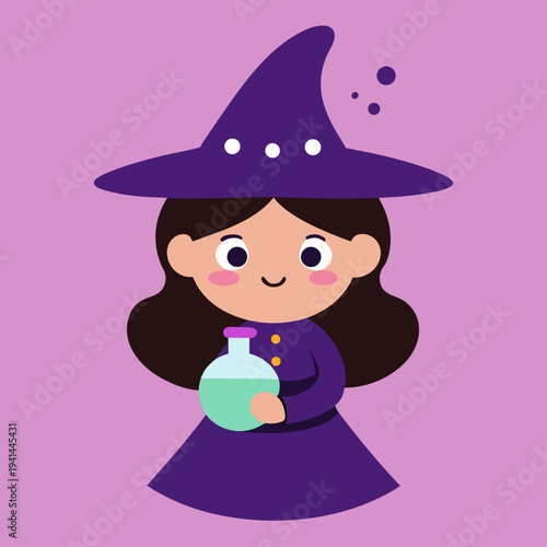 A cute chibi witch with dark brown hair holds a green potion bottle while wearing a purple hat and dress.