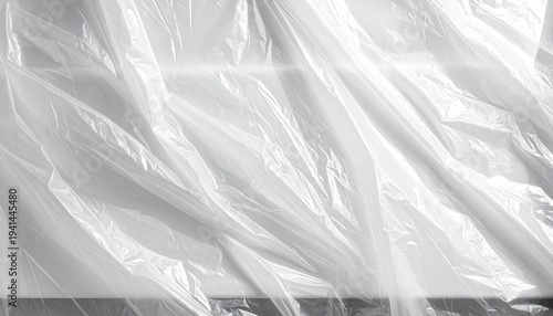 Close-up of translucent, crumpled plastic sheeting in grayscale