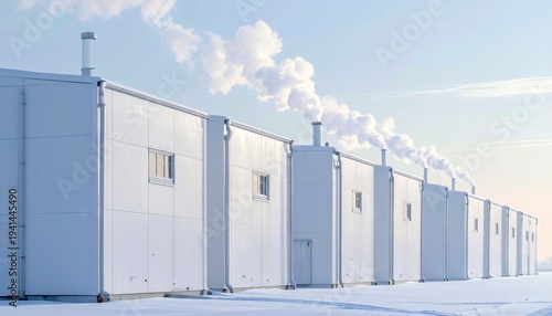 Long, white industrial building exhaling steam into a wintery, pale sky