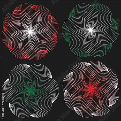 Abstract spiral patterns. Geometric swirl forms. Rotation elements Vector. Optical illusion background.