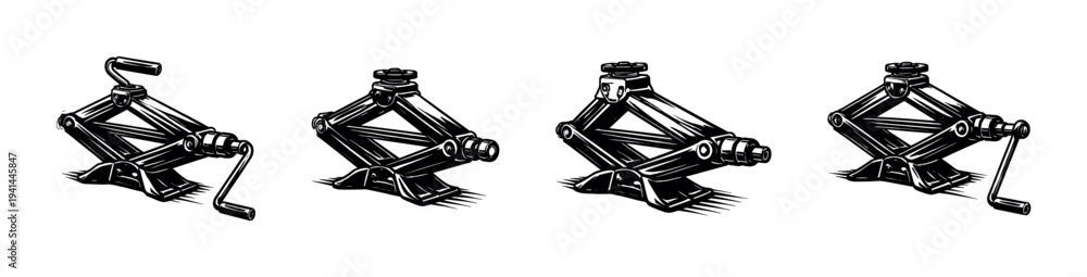 Obraz premium Black and white vector illustration of vintage car jack mechanisms set