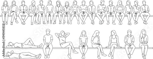 Large collection of diverse people outline drawings sitting on a line and lying down in various relaxed poses, men and women vector illustration.