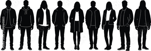 Group of diverse people standing in a row silhouette vector illustration isolated on white background casual men and women collection for graphic design projects