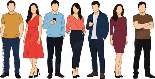 Diverse collection of people including line art sitting poses and flat vector characters standing with smartphones, men and women group for creative design projects.