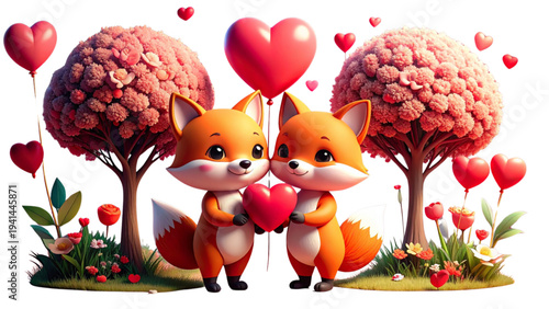 Romantic valentine fox couple collection with various loving poses holding heart and balloons for wedding invitation and love greeting card.