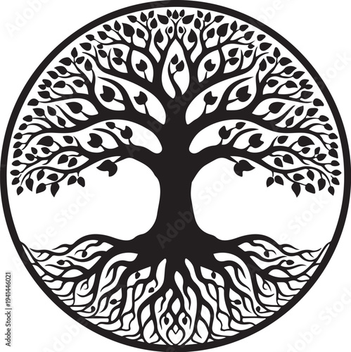Tree of Life in a Circular Black and White Design