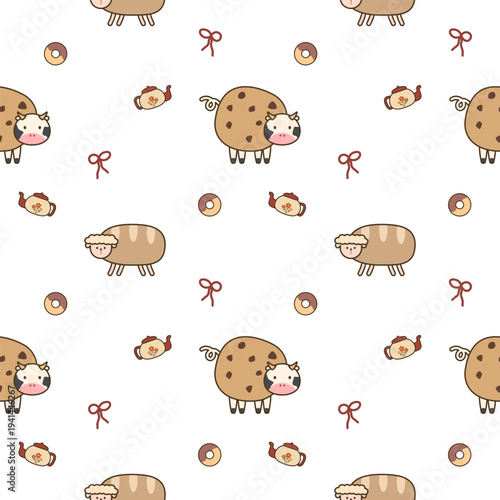 Sheep cow in cookie and bread cartoon so cute. On bow donut tea pot white background. Pattern seamless vector illustration.