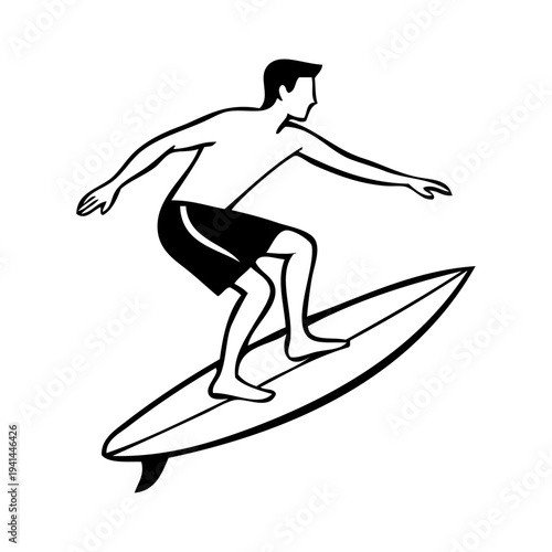 Vacaciones en la playa. Logo club de surf. Dibujo con líneas de un hombre de pie en tabla de surf