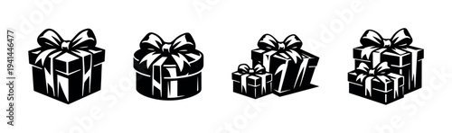 Set of black and white gift box illustrations with bows in various shapes
