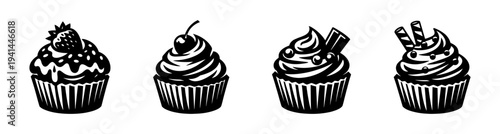 Black and white vector silhouette of various cupcake designs illustration