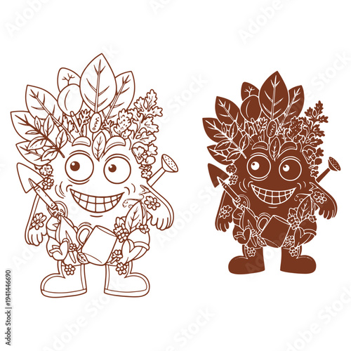 Two joyful gardeners holding tools and plants smiling and ready to work
