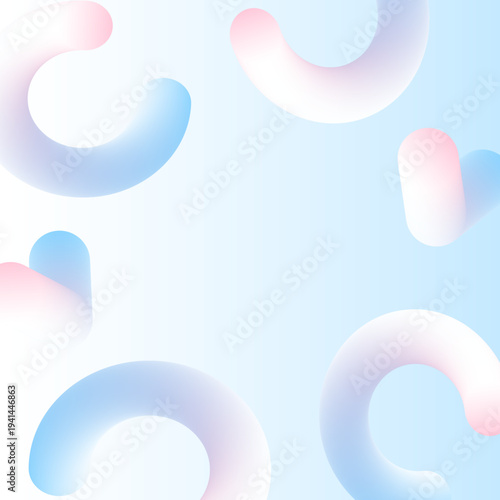 3Dチューブハートと抽象リングのモダンフレーム背景（淡いブルーとピンクのグラデーション、立体チューブデザイン、中央余白）1:1