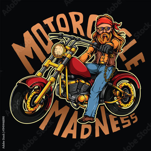 Biker with long beard and bandana riding a motorcycle, outlaw style