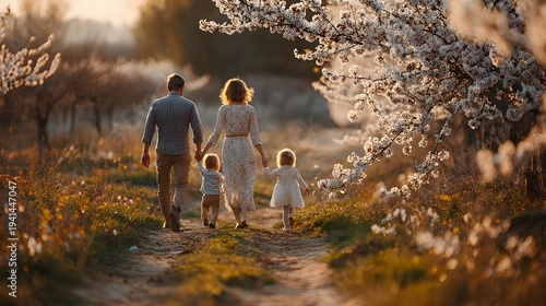 Happy family enjoying springtime walk together in blooming orchard