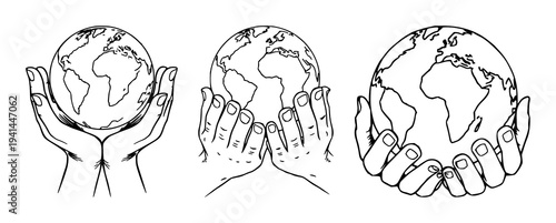 Hands set with continuous line art holding a holographic globe featuring global connectivity, minimalist design, network with technology and communication