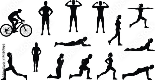 Fitness workout silhouettes set with men and women performing cycling, running, push ups, lunges and strength exercises for healthy lifestyle and gym training concept
